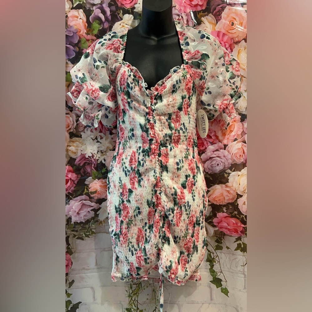 Pink and Green Sweetheart Ruched Mini Dress
